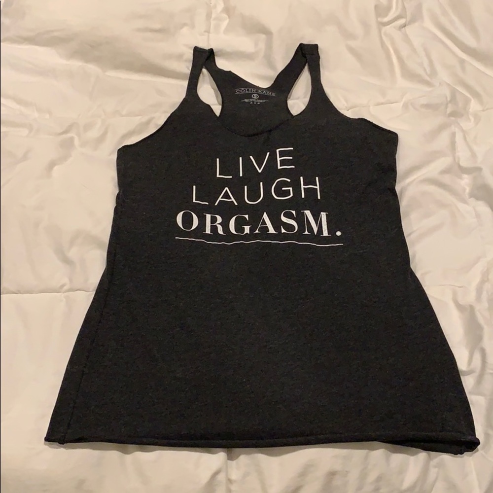 Dark gray tank top with wording